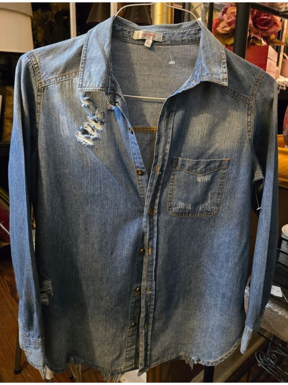 WT # 1080 Womens Med Stella Tweed torn denim button front shirt